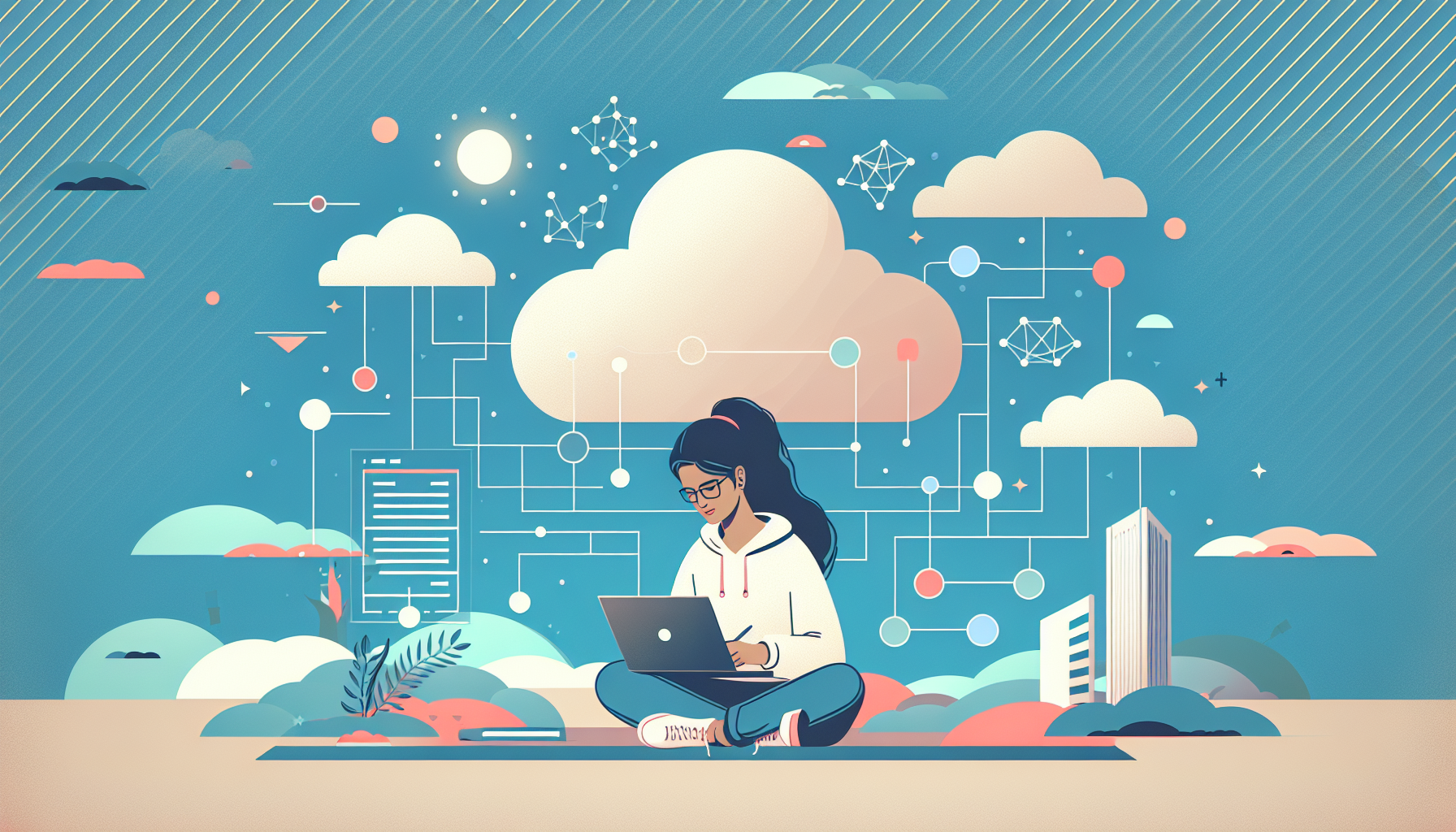 A developer working on serverless architecture with a cloud backdrop