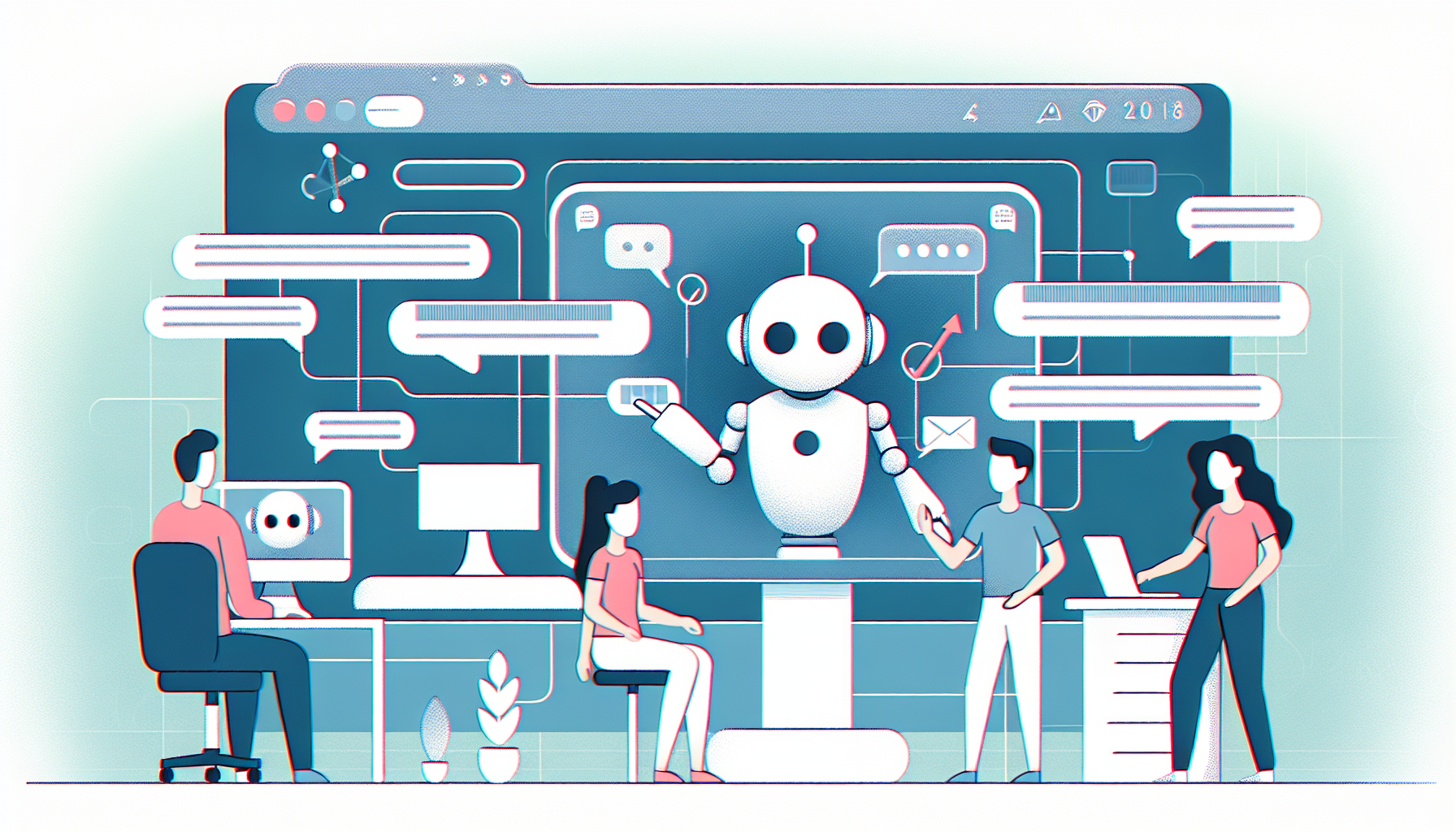An illustration of chatbots interacting with customers on a website